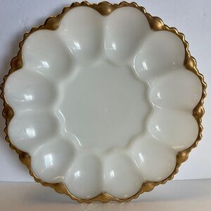 Anchor Hocking Fire King Milk Glass Gold Trim White Scalloped Plate Vintage Egg